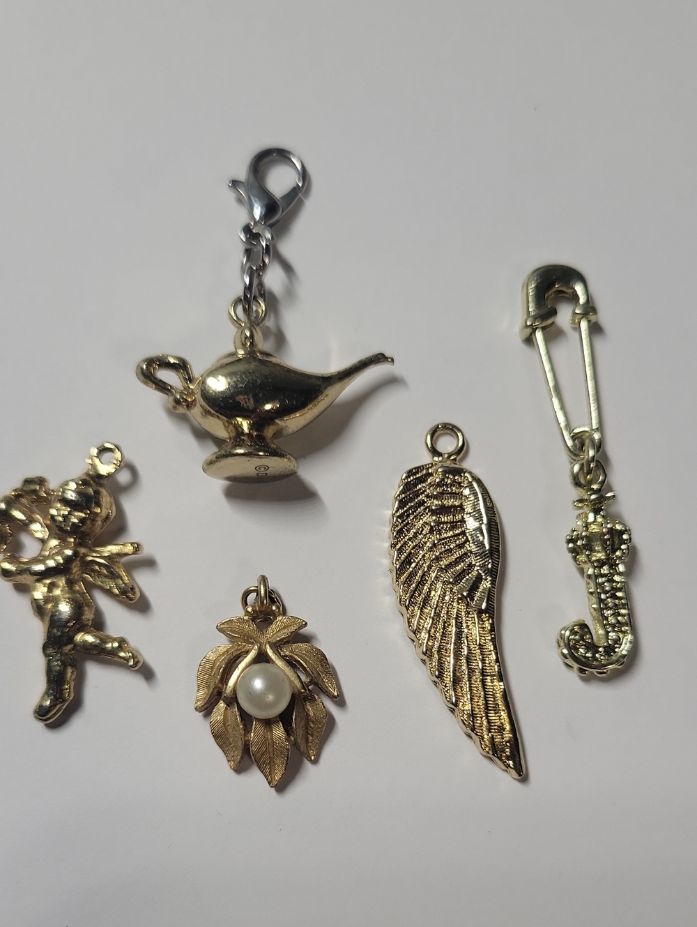 Gold Tone Mixed Charms Set - Angel, Lamp, Wing, Leaf Pearl, Safety Pin J